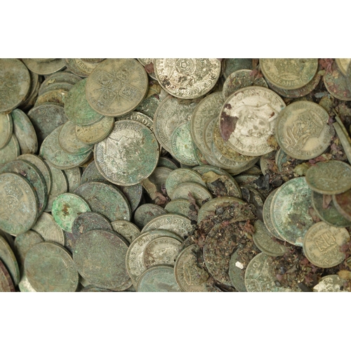 245 - A METAL CASHBOX AND TIN CONTAINING MIXED COINS  MANY WITH WATER DAMAGE, to include large amounts of ... 