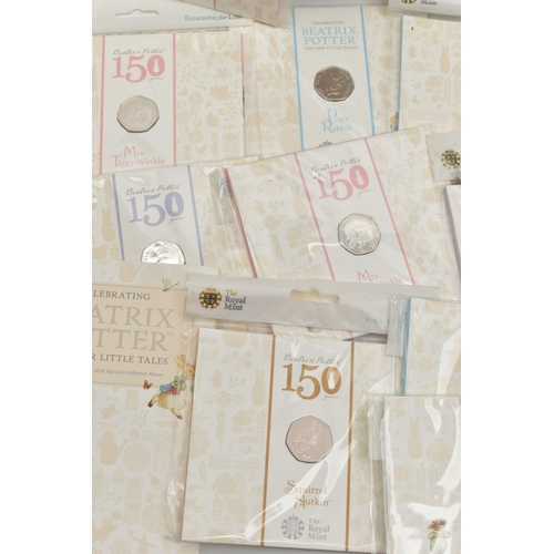 247 - A QUANTITY OF ROYAL MINT BEATRIX POTTER COINAGE   2015 TO 2018 CARDED FIFTY PENCE COINS, Jemima Pudd... 