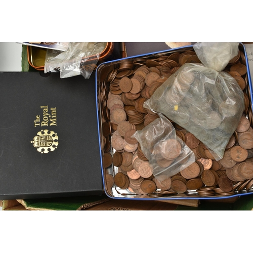 248 - A LARGE AND HEAVY BOX CONTAINING COINS AND COMMEMORATIVES, to include 2018 Commemorative Proof coin ... 