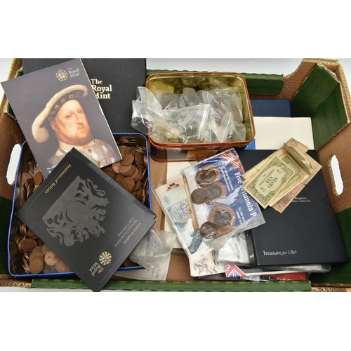 248 - A LARGE AND HEAVY BOX CONTAINING COINS AND COMMEMORATIVES, to include 2018 Commemorative Proof coin ... 