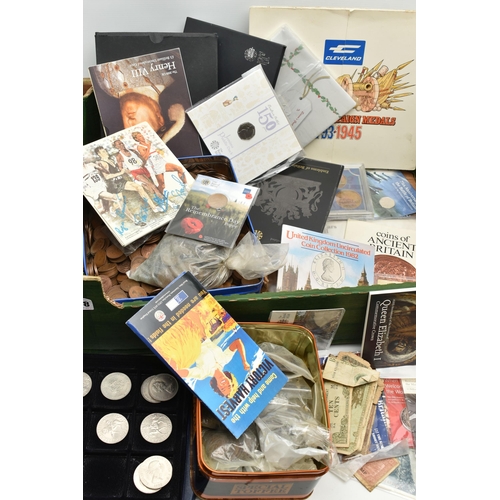 248 - A LARGE AND HEAVY BOX CONTAINING COINS AND COMMEMORATIVES, to include 2018 Commemorative Proof coin ... 