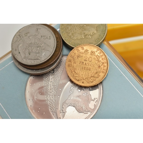 253 - A SMALL PLASTIC BOX CONTAINING A GOLD FRENCH 10 FRANC COIN 1856, 3.3 gram, .900 fine, 19mm diameter,... 