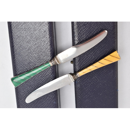 254 - TWO CASED 'RAADVAD' DANISH TEA KNIVES, with guilloche enamel detail, approximate length 116mm, both ... 