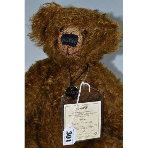 301 - A LIMITED EDITION DEAN'S RAG BOOK TEDDY BEAR, 'Dion' with attached certificate numbered 99/400, full... 