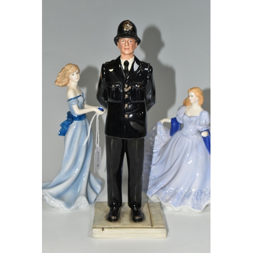 304 - TWO ROYAL WORCESTER FIGURINES AND A ROYAL DOULTON 'BRITISH POLICEMAN' FIGURE, comprising a Royal Dou... 