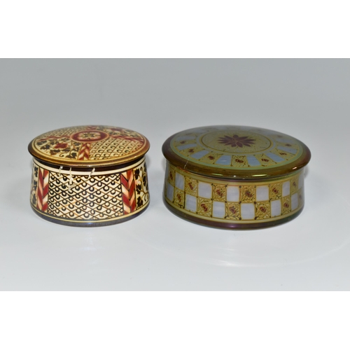 312 - TWO PILKINGTON'S TRINKET BOXES, early twentieth century circular boxes with floral and foliate lustr... 