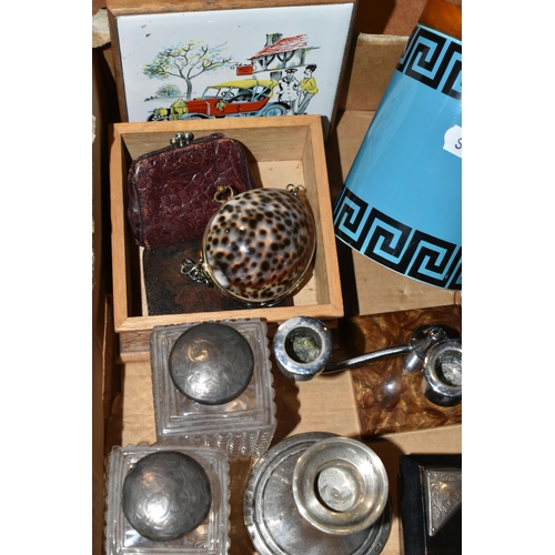 315 - A BOX OF SILVER, CERAMICS AND MISCELLANEOUS ITEMS, to include a silver candlestick, hallmarked Birmi... 