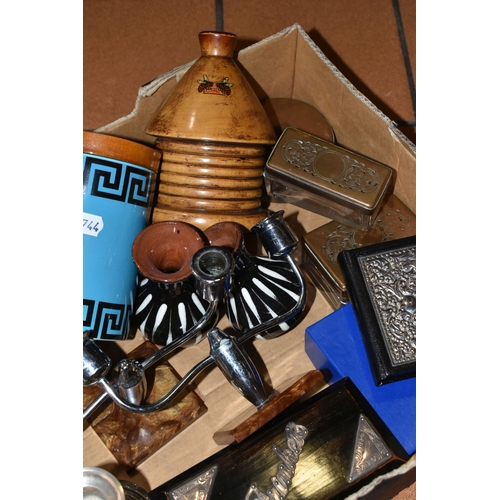 315 - A BOX OF SILVER, CERAMICS AND MISCELLANEOUS ITEMS, to include a silver candlestick, hallmarked Birmi... 