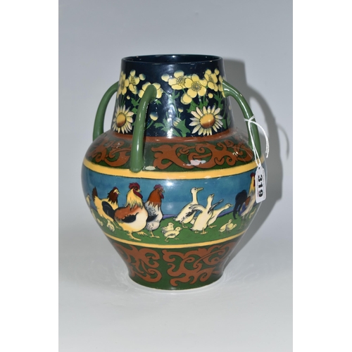 319 - A WILEMAN & CO FOLEY INTARSIO 'POULTRY' PATTERN FOUR HANDLED VASE, model 3279, decorated with a band... 