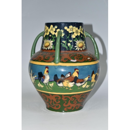 319 - A WILEMAN & CO FOLEY INTARSIO 'POULTRY' PATTERN FOUR HANDLED VASE, model 3279, decorated with a band... 