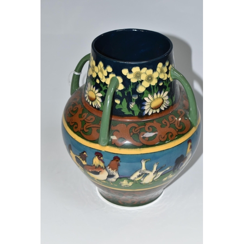 319 - A WILEMAN & CO FOLEY INTARSIO 'POULTRY' PATTERN FOUR HANDLED VASE, model 3279, decorated with a band... 