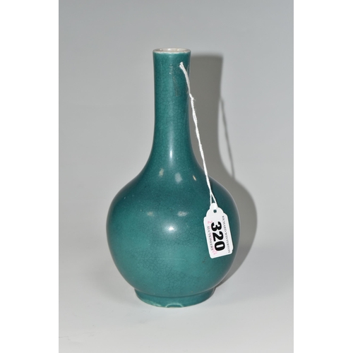 320 - A NINETEENTH CENTURY CHINESE ONION SHAPED CRACKLE VASE, with turquoise glaze, four character marks t... 