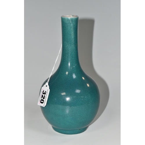 320 - A NINETEENTH CENTURY CHINESE ONION SHAPED CRACKLE VASE, with turquoise glaze, four character marks t... 