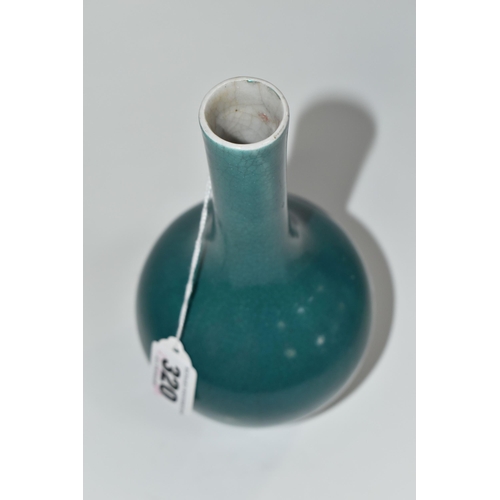 320 - A NINETEENTH CENTURY CHINESE ONION SHAPED CRACKLE VASE, with turquoise glaze, four character marks t... 