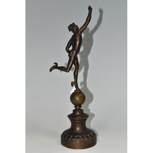 321 - A SMALL BRONZED FIGURE OF HERMES, standing on top of a globe, on a socle base, unsigned, height 31cm... 