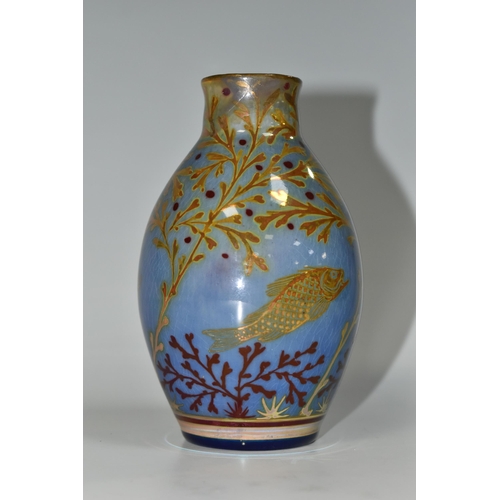 324 - A PILKINGTON'S BALUSTER VASE, decorated with fish and pond/seaweed on a blue ground, P and B mark to... 