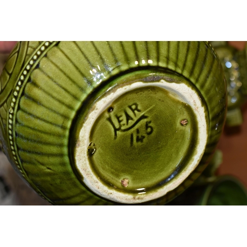 329 - FOUR PIECES OF GREEN GLAZED POTTERY, comprising a Lear green glazed jug marked 'Lear 145', a Lear re... 