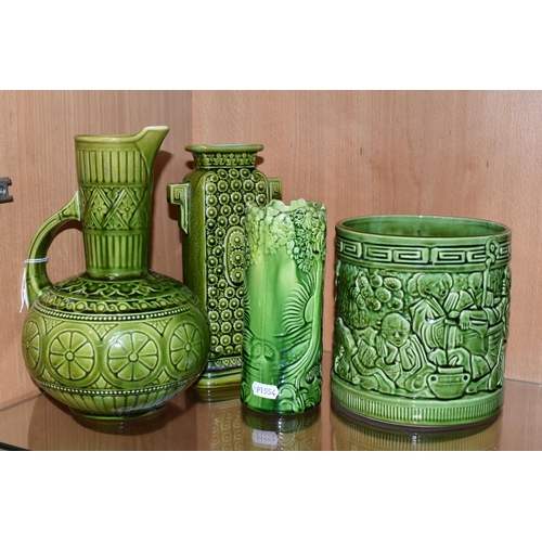 329 - FOUR PIECES OF GREEN GLAZED POTTERY, comprising a Lear green glazed jug marked 'Lear 145', a Lear re... 