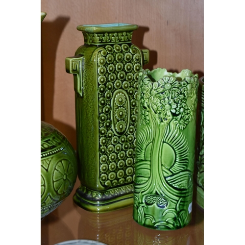 329 - FOUR PIECES OF GREEN GLAZED POTTERY, comprising a Lear green glazed jug marked 'Lear 145', a Lear re... 