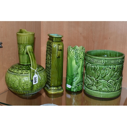 329 - FOUR PIECES OF GREEN GLAZED POTTERY, comprising a Lear green glazed jug marked 'Lear 145', a Lear re... 