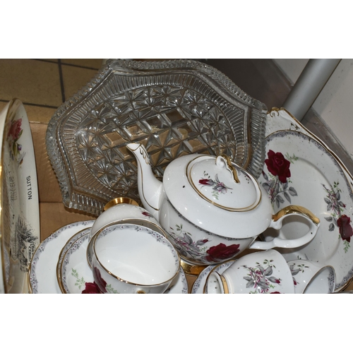 331 - A BOX OF CERAMICS AND GLASS WARE, to include a twenty piece Royal Stafford 'Roses to Remember' tea s... 