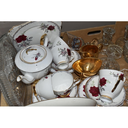 331 - A BOX OF CERAMICS AND GLASS WARE, to include a twenty piece Royal Stafford 'Roses to Remember' tea s... 