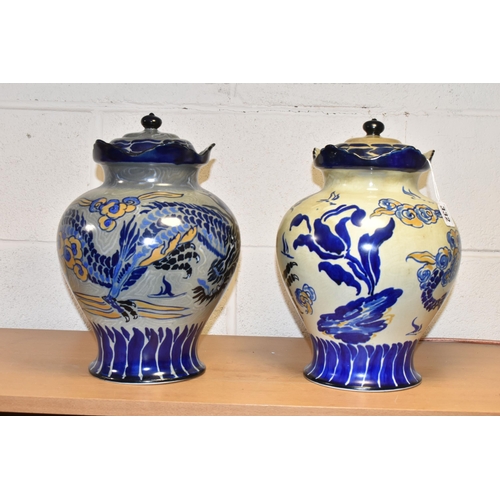 332 - TWO ROYAL CAULDON/CAULDON WARE COVERED JARS, decorated with dragons on blue-grey and beige patterned... 