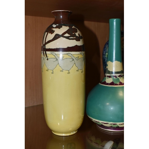 334 - A GROUP OF FOUR VASES, comprising a Thomas Forrester Trogon Ware vase tube lined with an exotic bird... 