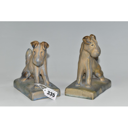 335 - A PAIR OF BOURNE DENBY TERRIER BOOKENDS, 1920s-1930s Danesby Ware, printed marks to base, height of ... 