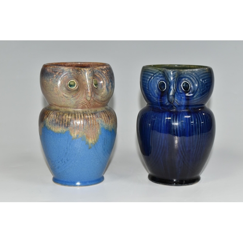 336 - TWO BOURNE DENBY OWL JUGS, 1920s-1930s Danesby Ware, one with mid blue and brown glaze, the other da... 