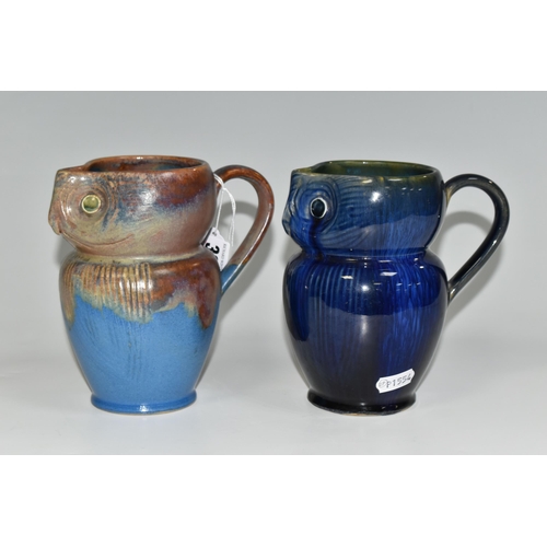 336 - TWO BOURNE DENBY OWL JUGS, 1920s-1930s Danesby Ware, one with mid blue and brown glaze, the other da... 