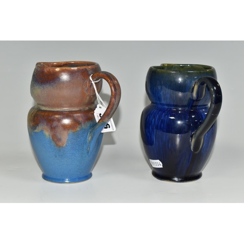 336 - TWO BOURNE DENBY OWL JUGS, 1920s-1930s Danesby Ware, one with mid blue and brown glaze, the other da... 