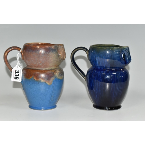 336 - TWO BOURNE DENBY OWL JUGS, 1920s-1930s Danesby Ware, one with mid blue and brown glaze, the other da... 