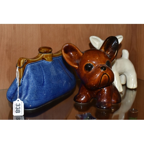 338 - THREE PIECES OF BOURNE DENBY, comprising a lamb figure, height 16.5cm, a treacle glazed Danesby Ware... 