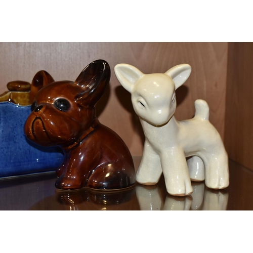 338 - THREE PIECES OF BOURNE DENBY, comprising a lamb figure, height 16.5cm, a treacle glazed Danesby Ware... 