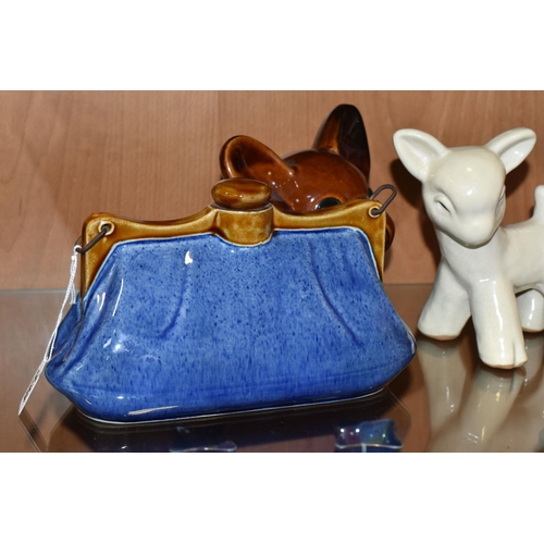 338 - THREE PIECES OF BOURNE DENBY, comprising a lamb figure, height 16.5cm, a treacle glazed Danesby Ware... 