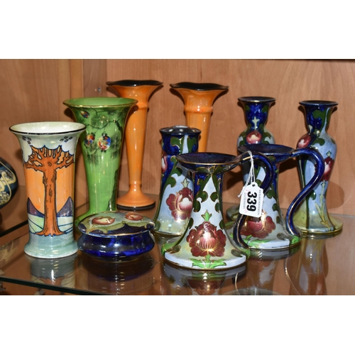 339 - A GROUP OF LUSTRE WARE VASES, ETC, to include a Burleigh Ware Charlotte Rhead vase decorated with st... 