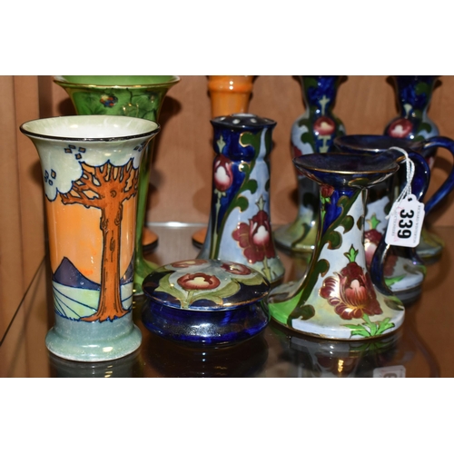 339 - A GROUP OF LUSTRE WARE VASES, ETC, to include a Burleigh Ware Charlotte Rhead vase decorated with st... 