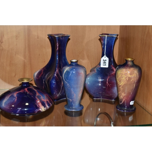 341 - FIVE WILKINSON'S ROYAL STAFFS POTTERY ORIFLAMME VASES, with marbled purple and pink glazes, comprisi... 