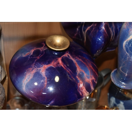 341 - FIVE WILKINSON'S ROYAL STAFFS POTTERY ORIFLAMME VASES, with marbled purple and pink glazes, comprisi... 