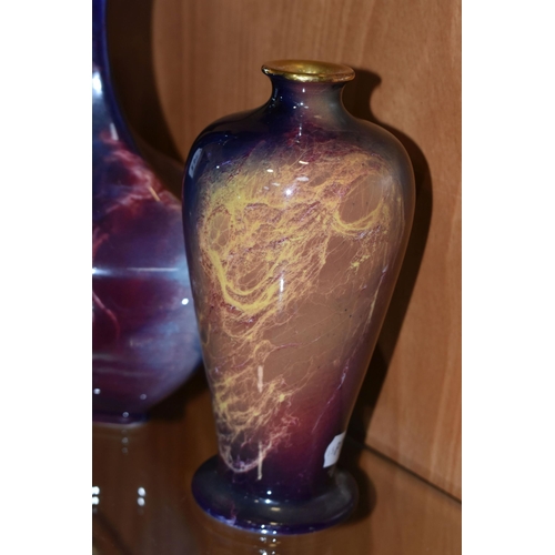 341 - FIVE WILKINSON'S ROYAL STAFFS POTTERY ORIFLAMME VASES, with marbled purple and pink glazes, comprisi... 