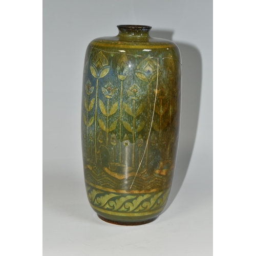 353 - A PILKINGTON'S VASE, decorated with yellow stylized reeds and ducks on a mottled green ground, heigh... 