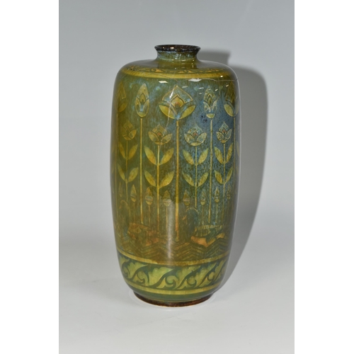 353 - A PILKINGTON'S VASE, decorated with yellow stylized reeds and ducks on a mottled green ground, heigh... 