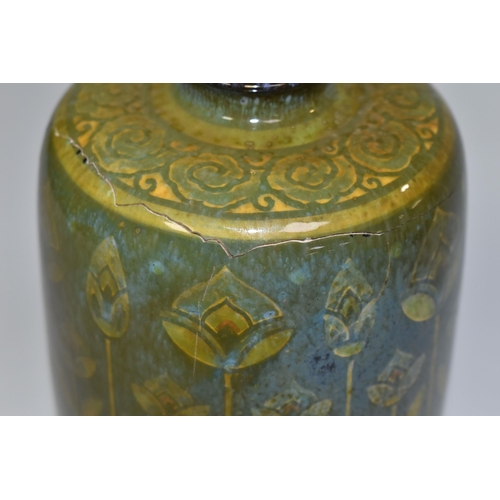 353 - A PILKINGTON'S VASE, decorated with yellow stylized reeds and ducks on a mottled green ground, heigh... 