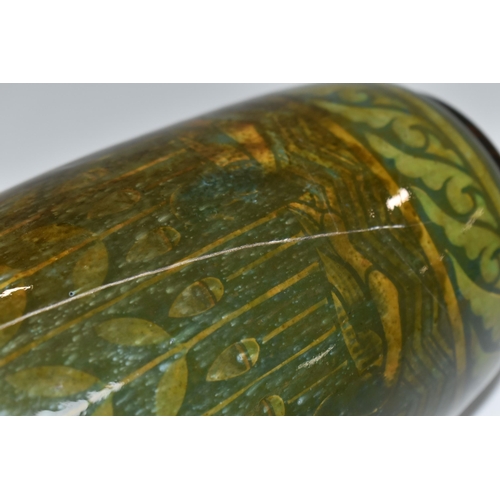 353 - A PILKINGTON'S VASE, decorated with yellow stylized reeds and ducks on a mottled green ground, heigh... 