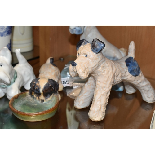 355 - FOUR BOURNE DENBY DOGS c1930, comprising a Danesby Ware bookend in the form of a terrier (broken tai... 