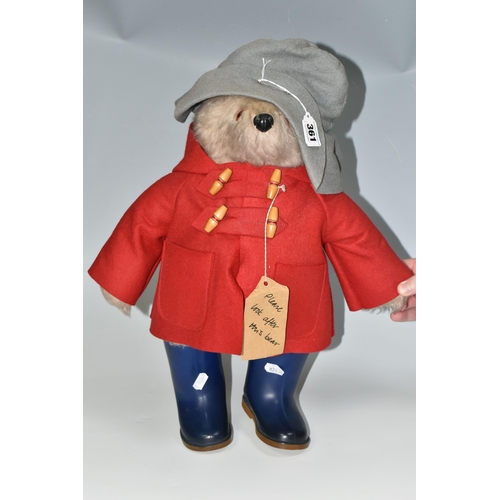 361 - A  GABRIELLE DESIGN PADDINGTON BEAR,  wearing red duffle coat, blue hat and blue 'Dunlop' wellies, c... 