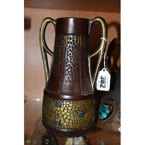 362 - A GROUP OF ARTS & CRAFTS DESIGN BRETBY ART POTTERY, comprising a 'Copperette' conical vase, with app... 