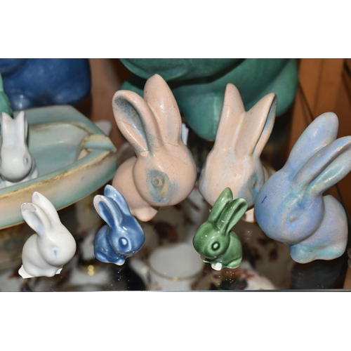 364 - A GROUP OF BOURNE DENBY RABBITS, comprising a very large Marmaduke green  snub nose rabbit (badly da... 