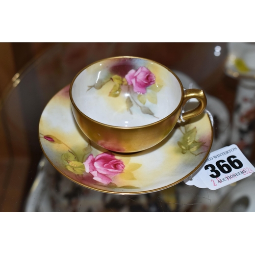 366 - A ROYAL DOULTON CABINET DISH WITH  A ROYAL WORCESTER CUP AND SAUCER, comprising an oval dish with ro... 